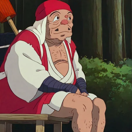 Jigo, 1boy, mustache, red headwear, fat, geta, japanese clothes, kimono, chest hair, fat man, old man, black eyes, short and stocky build, round expressive face with heavy eyelids, thick black eyebrows, subtle stubble on his chin, forest, sitting, masterpiece, best quality,