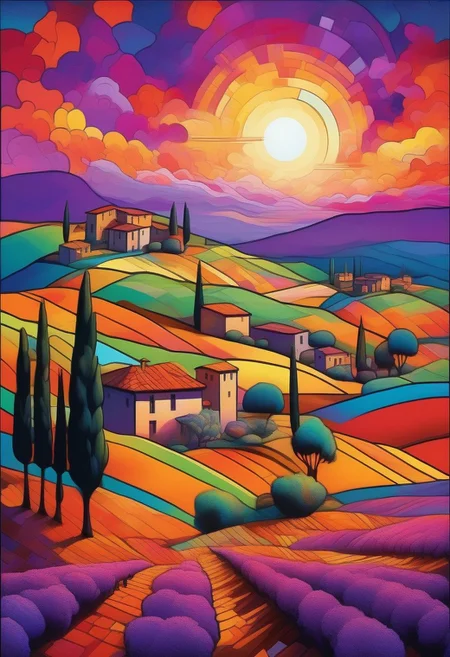 Rolling hills of Tuscany in a vibrant psychedelic style, with bold, surreal colors separated by sharp black lines, creating a stained-glass effect. A small village in the distance with terracotta rooftops and stone walls, stylized with vivid hues of purple, blue, and orange. Cypress trees and wildflowers rendered in exaggerated, kaleidoscopic patterns. Golden sunlight breaking through in fragmented beams, casting a dreamlike glow over the landscape. Highly detailed, surreal composition, inspired by psychedelic art and Italian countryside aesthetics, 8K resolution, vivid and trippy yet harmonious color palette, a mesmerizing and otherworldly mood.