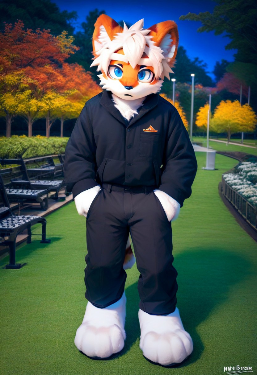 score_9_up, score_8_up, score_7_up, source_furry, mikus-sona, fursuit, furry focus, furry style, furry costume, anthropomorphic, anthro, milkytiger, tiger ears, tiger boy, white eyebrows, blue eyes, 1boy, solo, ((park, night))