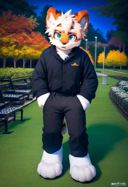 score_9_up, score_8_up, score_7_up, source_furry, mikus-sona, fursuit, furry focus, furry style, furry costume, anthropomorphic, anthro, milkytiger, tiger ears, tiger boy, white eyebrows, blue eyes, 1boy, solo, ((park, night))