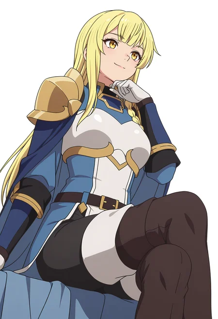 Smooth Quality,masterpiece,very intricate, high quality details, ultra realistic, high detailed skin,detailed enviorement,
white background, simple background, 
dutch angle,sitting, legs crossed, hand on chin, smiling, relaxed,  ,0w0,
 <lora:Balirossa_Cinnabrio:0.8> balirossa/cnn,long hair, blonde hair, braid, bangs, yellow eyes,armor, breastplate,  black pants, white gloves,thigh boots,blue cape, belt,
