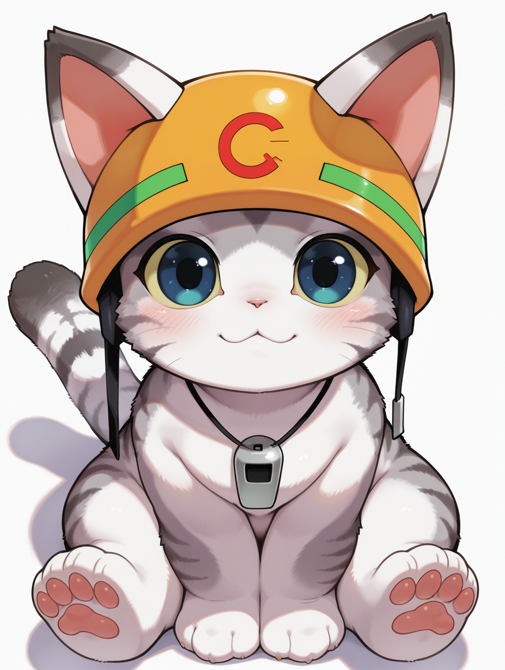 rescue cat,animal focus,white background,simple background,solo,sitting,looking at viewer,blush,from above,closed mouth,shadow,full body,pawpads,:3,1other, 
masterpiece,best quality,amazing quality,very aesthetic,absurdres,newest,<lora:Fairy Tail snow illuXL v1.1:0.77>,