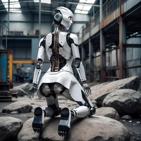 The image depicts  robot is posing on a rock, kneeling in such a way that the dress obscures her lower back,  .  <lora:ptgs:0.8>,factory,