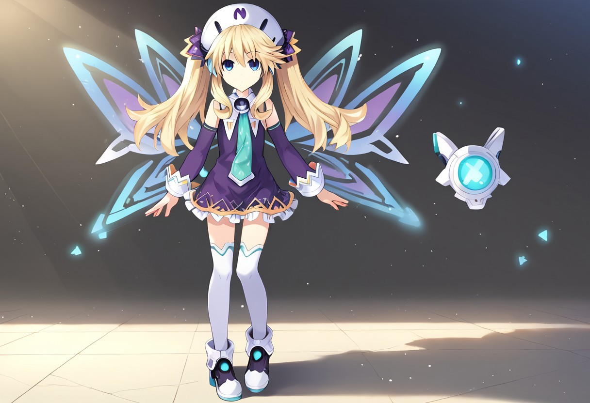 Histoire \(neptunia)\, blonde hair, blue eyes, long hair, twintails,, short dress, hat, necktie, thighhighs, white legwear, fairy wings, footwear, boots, detached sleeves,, short,   standing,   score_9, score_8_up, score_7_up, ,source_anime, best quality, masterpiece,   , full body view ,  1girl , solo , girl focus ,
