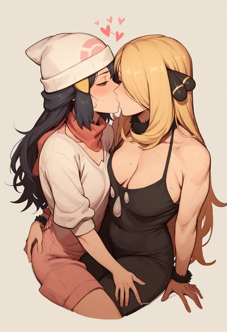 score_9, score_8_up, score_7_up, score_6_up, score_5_up, score_4_up, 2girls, cynthia \(pokémon\) and dawn \(pokémon\), age difference, yuri, kissing, on lap, butt grab, grope
BREAK dawn \(pokémon\), white beanie, dark hair, blue eys, younger female, small breasts
BREAK cynthia \(pokémon\), blonde, older female, big breasts
<lora:Maiqo_ponyXL_v10:1>