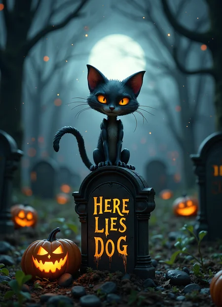 Whimsical wonderland, set the scene: a moonlit cemetery night, tombstones etched with witty epitaphs and quirky inscriptions. A lone feline figure, agile and lithe, performs an impish jig atop a grave marked with the words "Here lies Dog". The cat's paws tap out a lively rhythm on the weathered stone, while its tail flicks back and forth like a metronome as it pirouettes with mischievous glee. A sprinkle of stars twinkles above, casting a celestial glow on this surreal tableau. Amidst the somber surroundings, the cat's carefree dance defies gravity and reason, as if to say: "Death may have claimed Dog, but Dance claims me!"