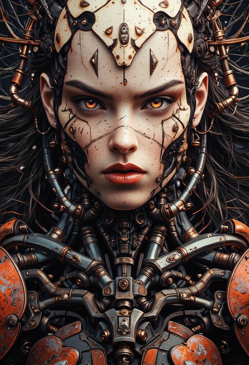Film noir style, full body cyberpunk cyborg, metal mechanism, biomechanical futuristic body, highly detailed symmetrical face, creative masterpiece. Ultra HD, Realism, Vivid Colors, High Detail, UHD Artwork, Perfect Composition, Beautiful, James Jean, Patrick Woodroffe,
carved ivory and rusty heraldic metal armor, grimdark, dark reflections, leather, gears, beautiful gradient, depth of field, neoprene, Behance winner, unsplash portrait, stylized digital art, smoothness, ultra high resolution, 8k, Unreal Engine 5, super sharp focus, difficult complexity. Surrealism,
hyperrealism intricate artistic masterpiece, sinister, epic, trending on artstation, epic cinematic brilliant stunning complex meticulously detailed dramatic atmospheric maximalism digital matte painting, broken glass effect, no background, breathtaking beauty, pure perfection.