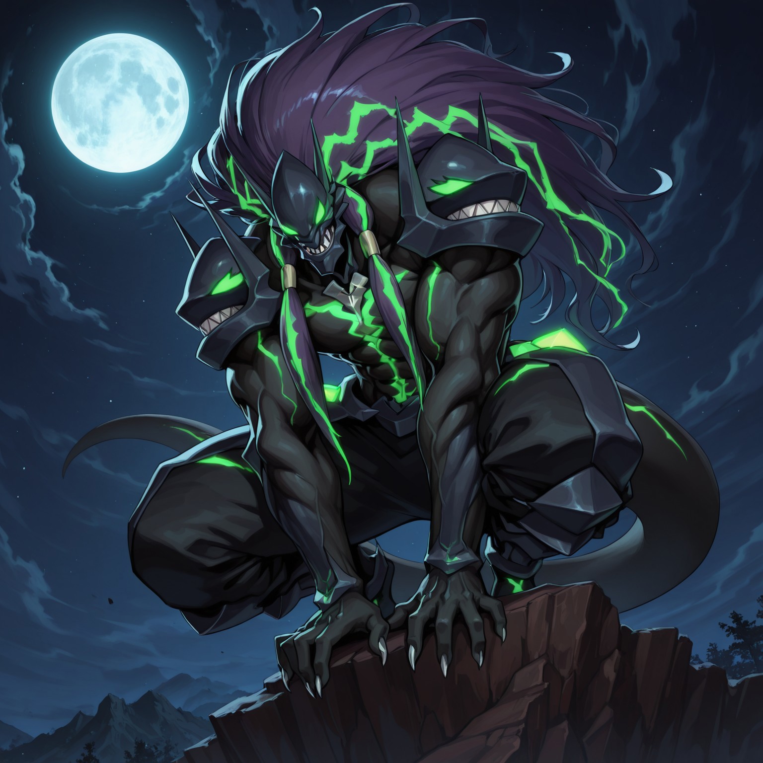 Solo, 2d, 1boy, Susanoo, humanoid, monster, monster boy, male, muscular, muscular male, abs, long hair, sharp teeth, glowing green eyes, no pupils, claws, glowing green highlights, horns, black body, glowing green markings, tail, black armor, big pauldrons, black baggy pants, hairclips, green crystals on hips, 

BREAK crouching, low angle view, on cliff, arms on legs, hunched over, looking at viewer, night, moon

BREAK best quality, amazing quality, very aesthetic, absurdres, newest, masterpiece, 