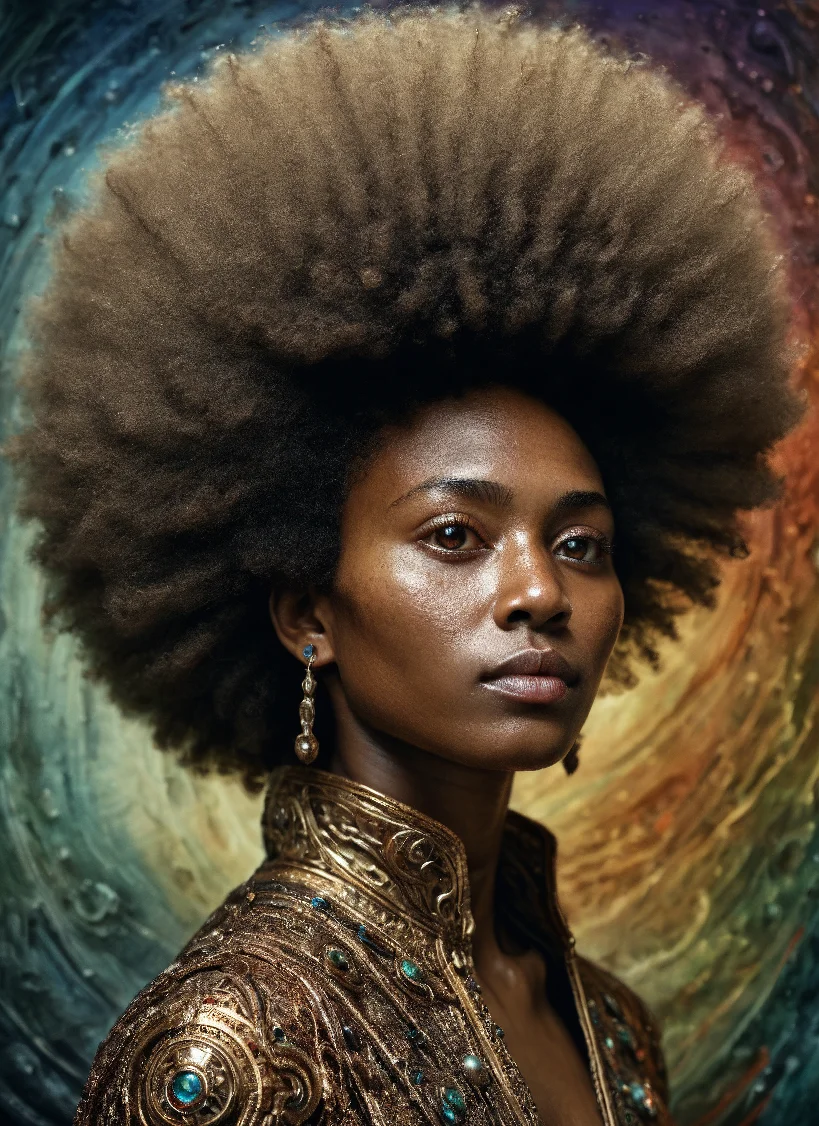 photo of Hyper realistic art Wonderful, intricate, (colorful, Afrofuturism art), black woman, black girl, very dark skin, beautiful hazel eyes, afro puff ponytail, ((jewelry with high details, iridescent colors)), bright colors, alchemist, cinematic, 35mm film, 35mm photography, film, photo realism, DSLR, 8k uhd, hdr, ultra-detailed, high quality, high contrast, , Side View, medium-shot, raw, photo, realistic,<lora:detailed_notrigger> <lora:Pony_DetailV1.0> <lora:PonyLargeRoundAfro> <lora:Black_Woman_v3_e6>