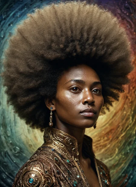 photo of Hyper realistic art Wonderful, intricate, (colorful, Afrofuturism art), black woman, black girl, very dark skin, beautiful hazel eyes, afro puff ponytail, ((jewelry with high details, iridescent colors)), bright colors, alchemist, cinematic, 35mm film, 35mm photography, film, photo realism, DSLR, 8k uhd, hdr, ultra-detailed, high quality, high contrast, , Side View, medium-shot, raw, photo, realistic,<lora:detailed_notrigger> <lora:Pony_DetailV1.0> <lora:PonyLargeRoundAfro> <lora:Black_Woman_v3_e6>