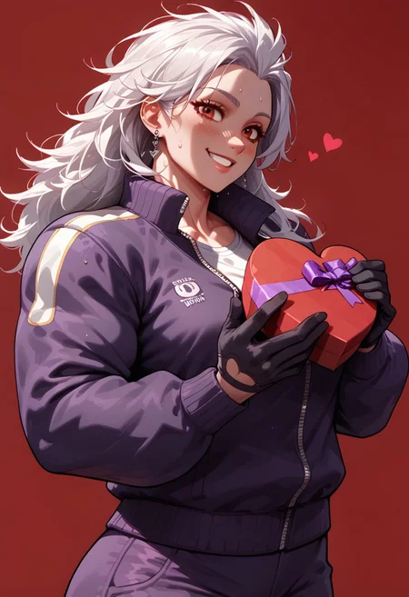 score_9, score_8_up, score_7_up, score_6_up, Expressiveh, source_anime, 1girl, dhdnoi, white hair, red eyes, muscular female, obliques. solo, large breasts, purple jacket, track jacket, black gloves, purple pants, earrings, sweaty, abs, muscular female, looking at viewer, red background, simple background, holding gift, heart-shaped box, valentine, looking at viewer, smile, blush, sfw