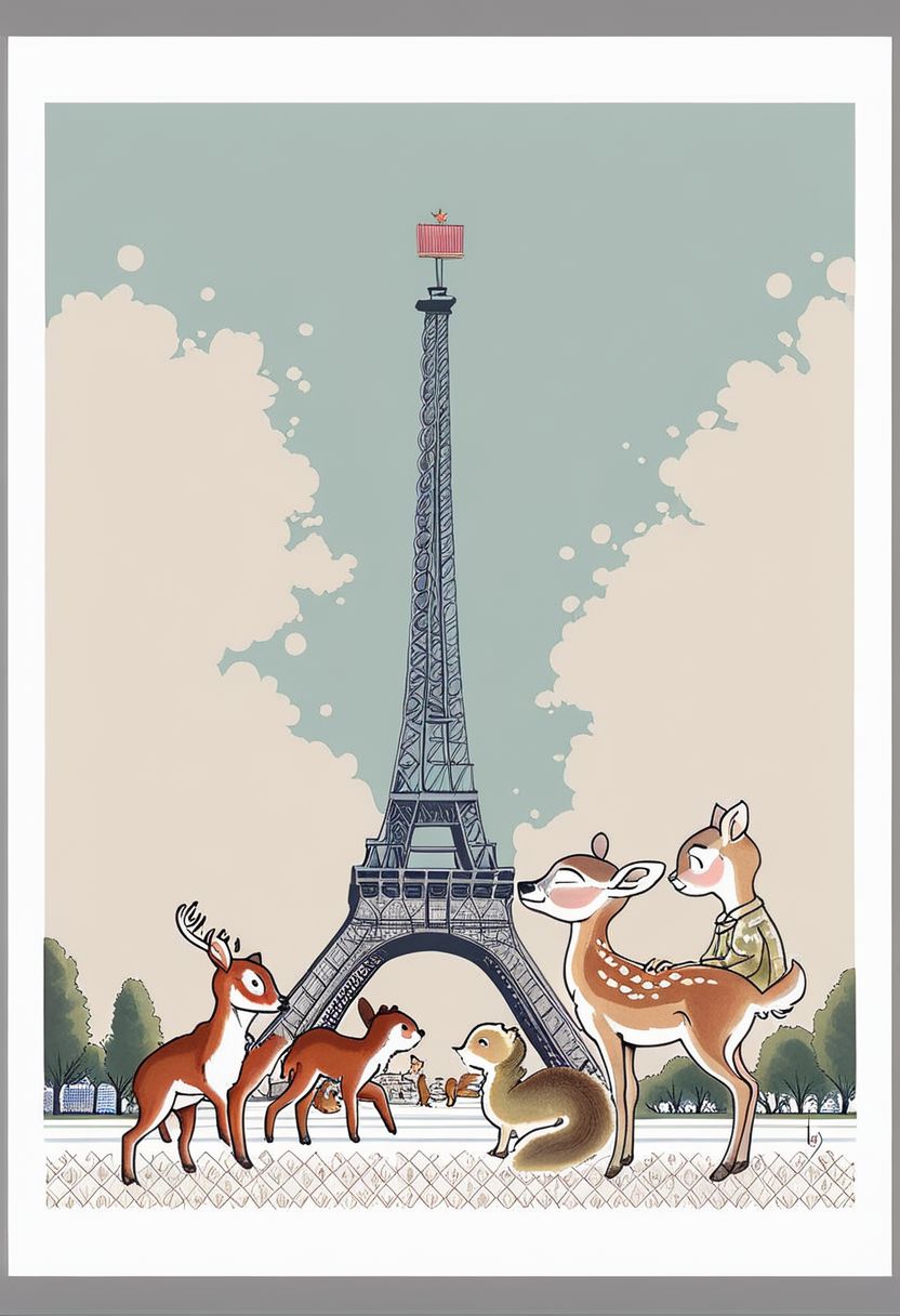 score_9, bybm style, 1 child, paris backgrounds, playing, war, squirrels, fawn