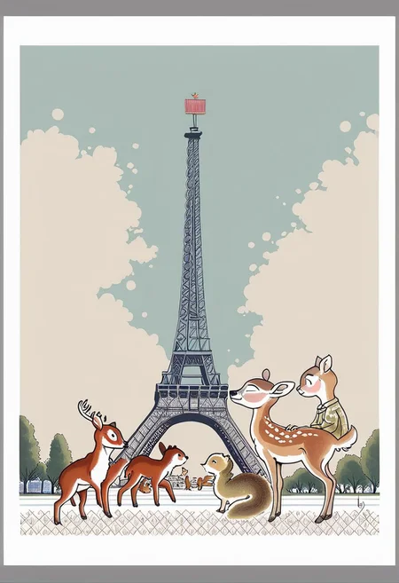 score_9, bybm style, 1 child, paris backgrounds, playing, war, squirrels, fawn