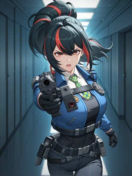 <lora:zzz-v6-illustrious:0.8>
zhuyuan, ponytail, cropped jacket, collared shirt, green necktie, black gloves, belt, pants 1girl, solo, hallway, light particles, aiming at viewer, handgun, open mouth, intense, serious, dynamic, dim lighting,
masterpiece, best quality, cinematic lighting