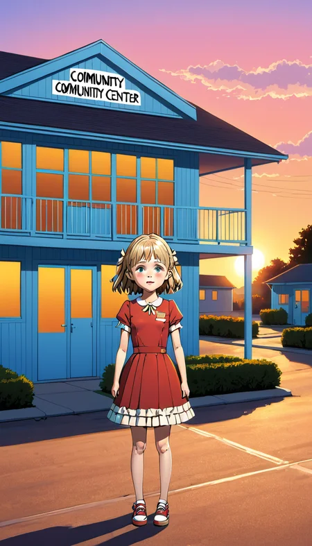 <lora:MeanNelly_Pony_XL:1> A MeanNelly girl stands in front of a building labeled 'COMMUNITY CENTER' during sunset. The building has colorful posters on its side.