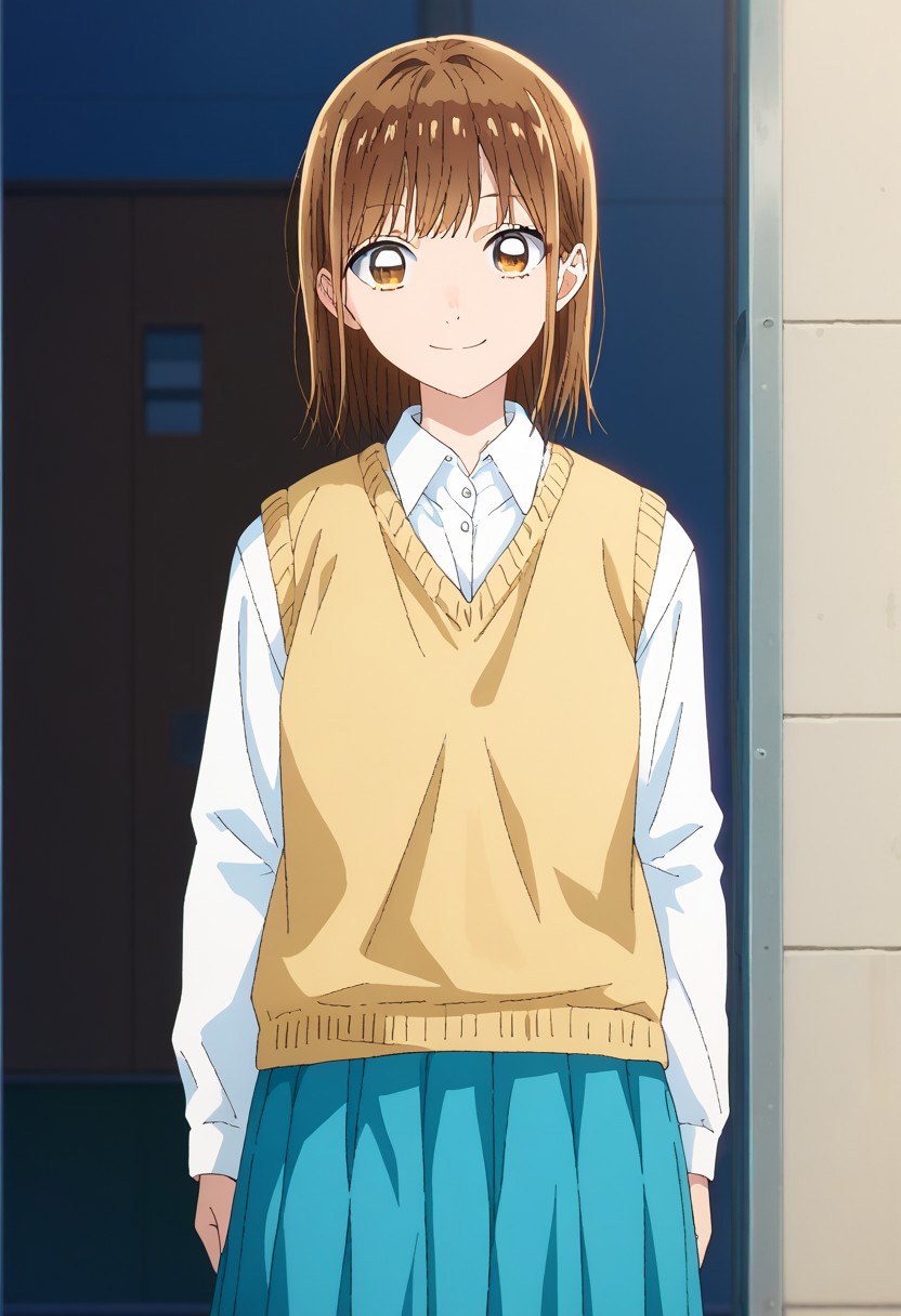 score_9, score_7_up, source_anime, 
chinatsu, 1girl, solo, brown eyes, brown hair, bangs, school uniform, shirt, white shirt, collared shirt, long sleeves, sweater vest, yellow vest, skirt, blue skirt, pleated skirt, smile
outdoor,