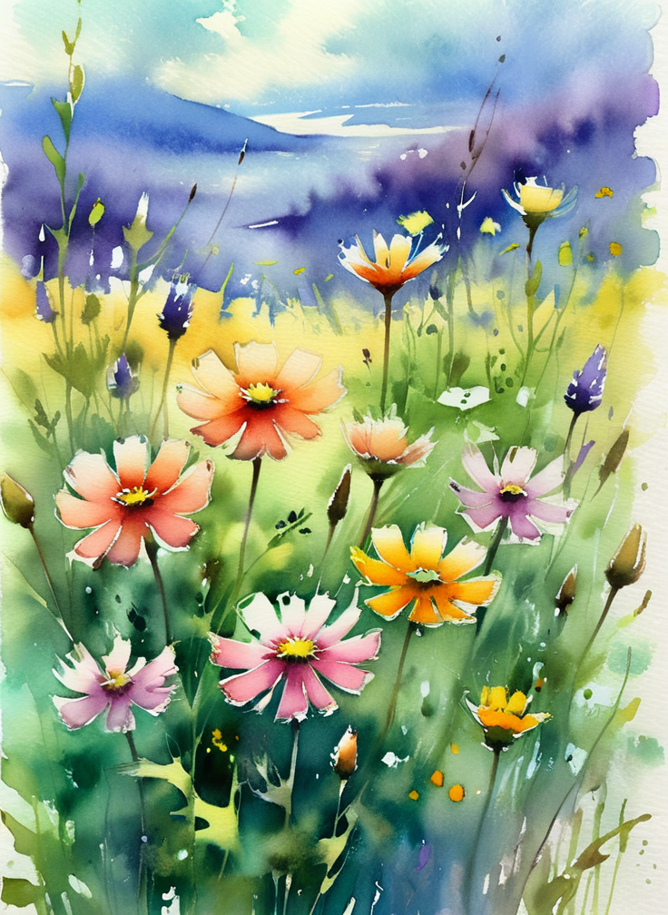 Impressionism art of An ultra-detailed watercolor sketch. Create a watercolor sketch showcasing a whimsical arrangement of wildflowers. Imagine an enchanting meadow bursting with vibrant blooms,where imagination takes flight. Drawn in the real sketchbook.,<lora:xl_more_art-full_v1:1>,<lora:more_details:0.7>,painterly,small brushstrokes,visible brushstrokes,impressionistic style,<lora:Watercolor _sdxl:1.3>, Watercolor style,