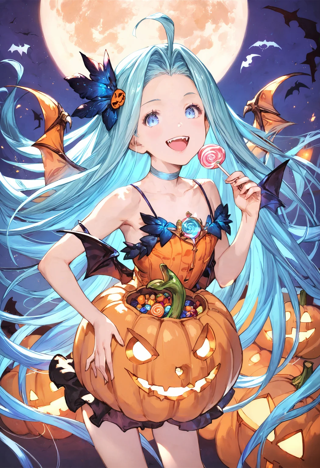 score_9, score_8_up, score_7_up,score_6_up, source_anime, best quality, aesthetic, absurdres, realistic, moon,
halloween, halloween costume, official alternate costume, vampire, pumpkin, jack-o'-lantern, hair ornament, (miniskirt:1.2), (holding sucker, lollipop:1.2), blue gem,
1girl, solo, smile, upper teeth only, (clear eyes:1.1), looking at viewer,
Lyria (Granblue Fantasy), very long hair, blue hair, (body_slim:1.1), small breasts, choker, bare legs,
<lora:Lyria-Pony:0.8> <lora:IshikePony:0.3>