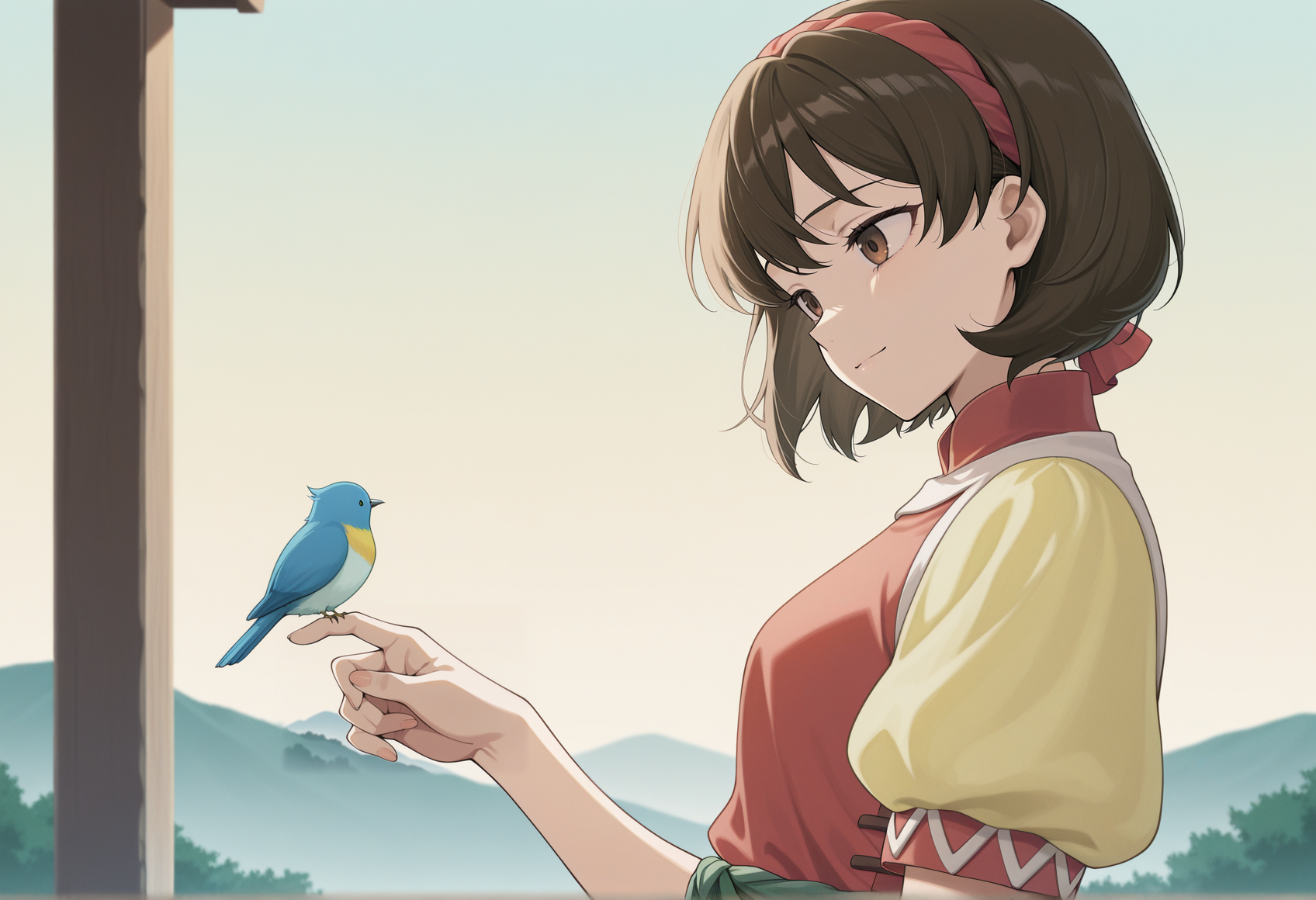 anime screencap, anime screenshot, anime coloring, 1girl, short hair, brown hair, brown eyes, headband, chinese clothes, red shirt, short sleeves, yellow sleeves, puffy sleeves, green pants, green sash, upper body, light smile, outdoors, bird on finger. head tilt, from side, sad <lora:Nanami_Illus:0.8>, masterpiece, best quality, amazing quality, very aesthetic, absurdres, highres, newest