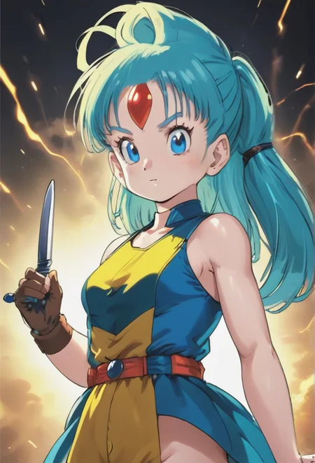 (1girl, solo, facing viewer, , , bizhi, human scabbard, holding, holding weapon, holding sword, electricity, cleavage, (bulma \\(dragonball\\), aqua hair, blue eyes,:1.3):1.3), zPDXL3 ,SimplePositiveXLv2, masterpiece, best quality, high res, illustration, extremely detailed, 8k, wallpaper