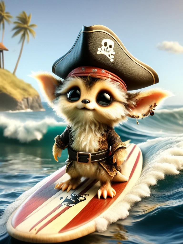 fur pirates, surfing a wave, on a surfboard, at sea, on the ocean <lora:furpirate-000004:0.9>