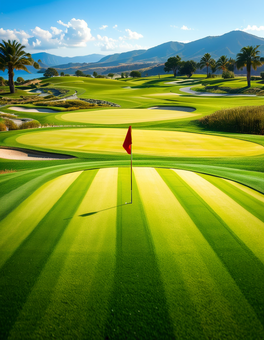 A stunning golf course captured in a high-resolution photograph, bathed in warm sunlight during the golden hour. The vast landscape features lush, perfectly manicured green fairways stretching into the distance, surrounded by rolling hills and scattered sand bunkers with smooth, raked surfaces. A crystal-clear water hazard reflects the sky, adding depth to the scenery. In the foreground, a pristine white golf ball rests on the neatly trimmed grass near a wooden tee marker. A red flag flutters gently atop a flagstick, marking the hole on the undulating green. Tall palm trees or majestic pines line the course, casting long shadows. The background showcases a breathtaking view of distant mountains or a serene blue ocean, enhancing the sense of tranquility and luxury. The sky is a brilliant shade of blue with soft, wispy clouds. The overall composition exudes elegance, precision, and the beauty of nature, capturing the essence of a world-class golf course.
<lora:SDXLFaeTastic2400:0.4> <lora:extremely_detailed:0.4> extremely detailed,<lora:golf_course:1>,golf c0urs3, Masterpiece,best quality,hi res,8k,hi res,8k,award winning,(sharp focus, intricate, highly detailed),
