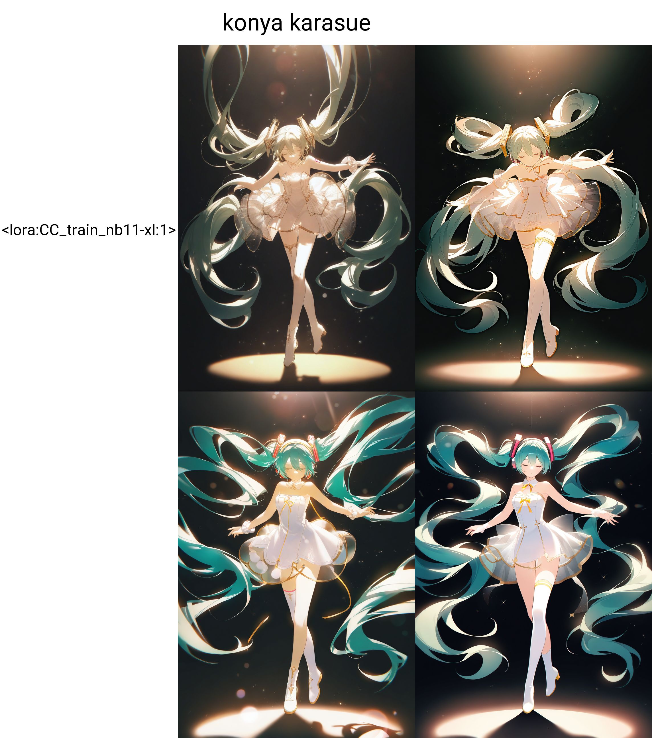 1girl, hatsune miku, solo, long hair, see-through, dress, very long hair, closed eyes, twintails, single thighhigh, thighhighs, see-through dress, strapless, strapless dress, white dress, spotlight, absurdly long hair, full body, outstretched arms, white thighhighs, light particles, standing, standing on one leg, bare shoulders, asymmetrical legwear, backlighting, shadow, green hair, tiptoes, ribbon, leaning forward, lens flare, hair between eyes, gold trim, uneven legwear, hair ornament, facing viewer, closed mouth, white footwear, bokeh, headphones, floating hair, single thigh boot, black background, short dress, bow,<lora:CC_train_nb11-xl:1>konya karasue,, masterpiece,best quality,amazing quality,very aesthetic,absurdres,newest,