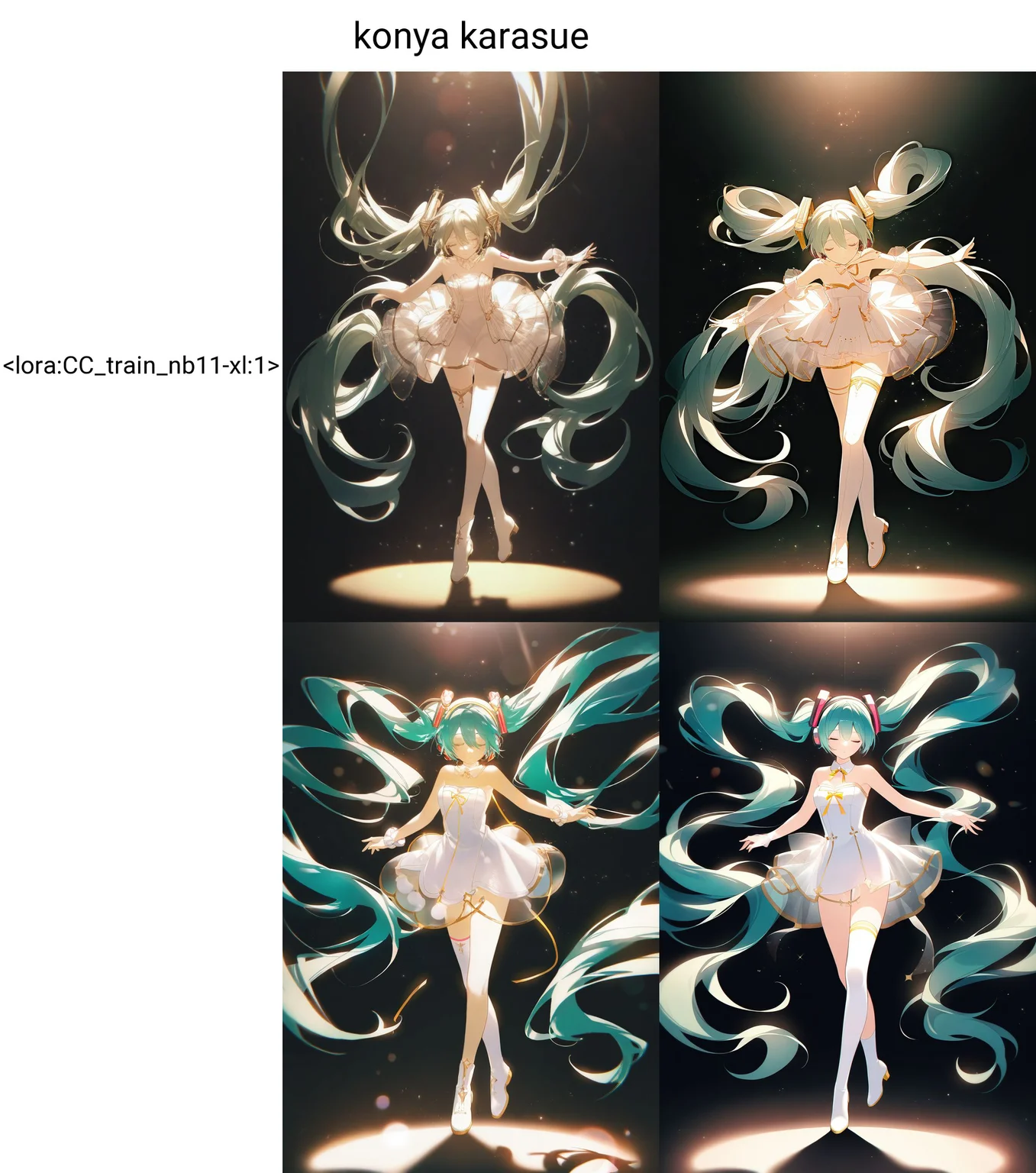 1girl, hatsune miku, solo, long hair, see-through, dress, very long hair, closed eyes, twintails, single thighhigh, thighhighs, see-through dress, strapless, strapless dress, white dress, spotlight, absurdly long hair, full body, outstretched arms, white thighhighs, light particles, standing, standing on one leg, bare shoulders, asymmetrical legwear, backlighting, shadow, green hair, tiptoes, ribbon, leaning forward, lens flare, hair between eyes, gold trim, uneven legwear, hair ornament, facing viewer, closed mouth, white footwear, bokeh, headphones, floating hair, single thigh boot, black background, short dress, bow,<lora:CC_train_nb11-xl:1>konya karasue,, masterpiece,best quality,amazing quality,very aesthetic,absurdres,newest,