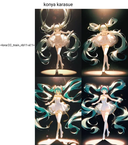 1girl, hatsune miku, solo, long hair, see-through, dress, very long hair, closed eyes, twintails, single thighhigh, thighhighs, see-through dress, strapless, strapless dress, white dress, spotlight, absurdly long hair, full body, outstretched arms, white thighhighs, light particles, standing, standing on one leg, bare shoulders, asymmetrical legwear, backlighting, shadow, green hair, tiptoes, ribbon, leaning forward, lens flare, hair between eyes, gold trim, uneven legwear, hair ornament, facing viewer, closed mouth, white footwear, bokeh, headphones, floating hair, single thigh boot, black background, short dress, bow,<lora:CC_train_nb11-xl:1>konya karasue,, masterpiece,best quality,amazing quality,very aesthetic,absurdres,newest,