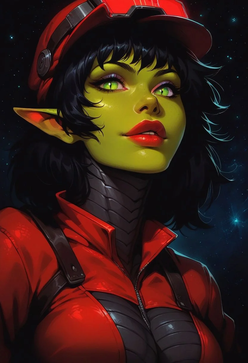 score_9, score_8_up, score_7_up, score_6_up, gundamwingcockpit, alien, lamia, snake, green skin, serpent, futuristic, scifi, red latex , jumpsuit, large breasts, solo, black hair, headwear, gloves, g0thicPXL, dutch angle, sly, displays, technology, glowing, neon, green eyes, spaceship, stars, portrait, (big lips:0.7), scaly skin, close up
