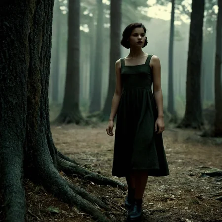 cinematic film still of cinematic film still of cinematic film still of <lora:add-detail-xl:0.1>1
<lora:detailed:0.3> realism
<lora:perfection style:0.2> perfect
<lora:eyetune:0.6>
<lora:xl_more_art-full_v1:0.1>
<lora:Ron Fricke style:0.3>
<lora:Unreal Engine style:0.3>
<lora:TeethXL:0.3>
<lora:Chiaroscuro Lighting Style:0.3> Chiaroscuro Lighting Style
 <lora:Pans Labyrinth style v2:1>
In a fantasy gothic Italian dim world Ofelia a young woman standing in a dark forest with a tree,solo,short hair,black hair,dress,bare shoulders,standing,shoes,tree,sleeveless dress,nature,light particles , horror movie themed, sharp, detailed, epic photography, artistic, dramatic light, cinematic style, film style, Pans Labyrinth style, shallow depth of field, vignette, highly detailed, high budget, bokeh, cinemascope, moody, epic, gorgeous, film grain, grainy