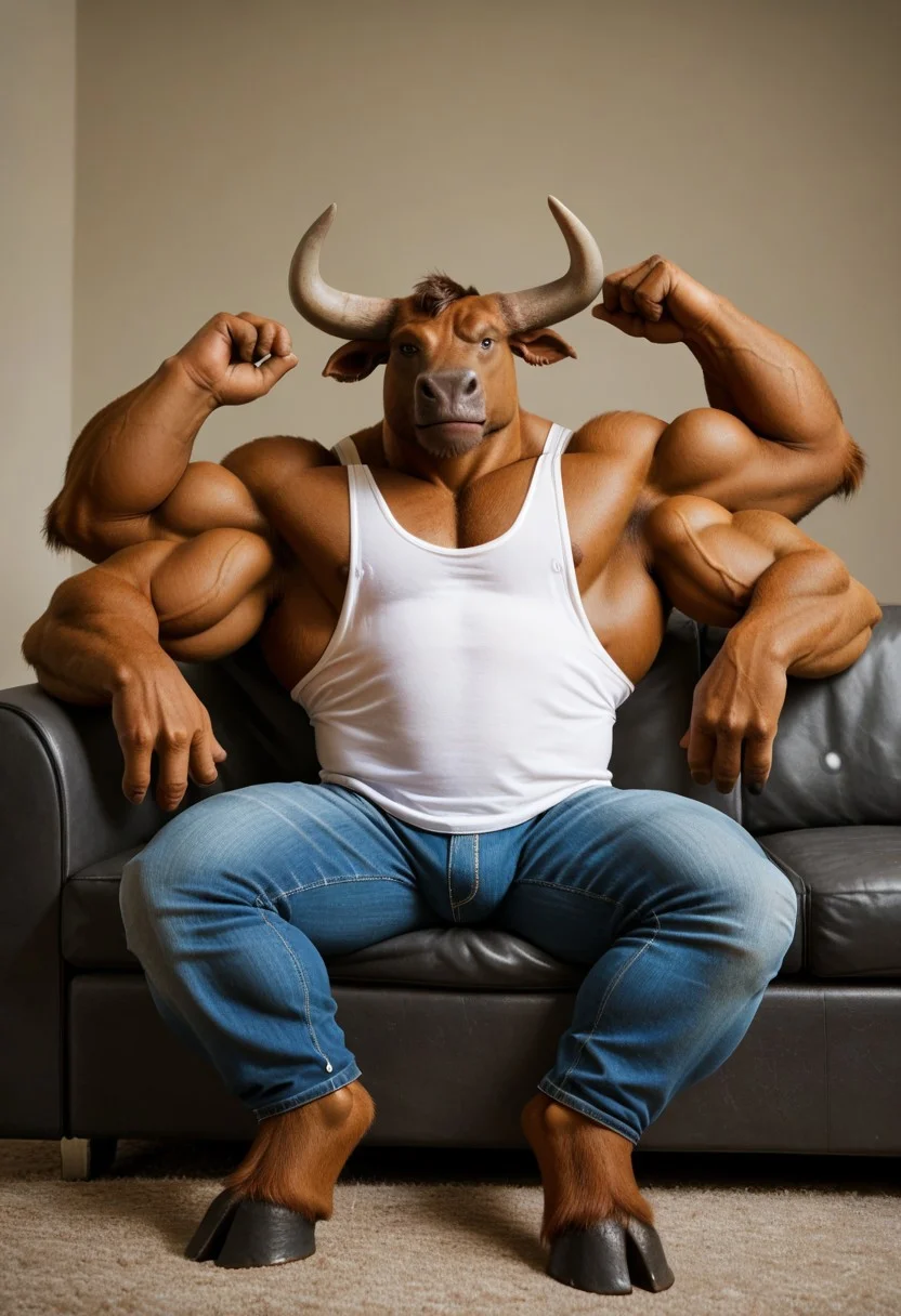 solo, male, huge muscles, minotaur, 4 arms, four arms, (((3 fingers))), tank-top, pants, hooves, sitting on a couch, relaxing
