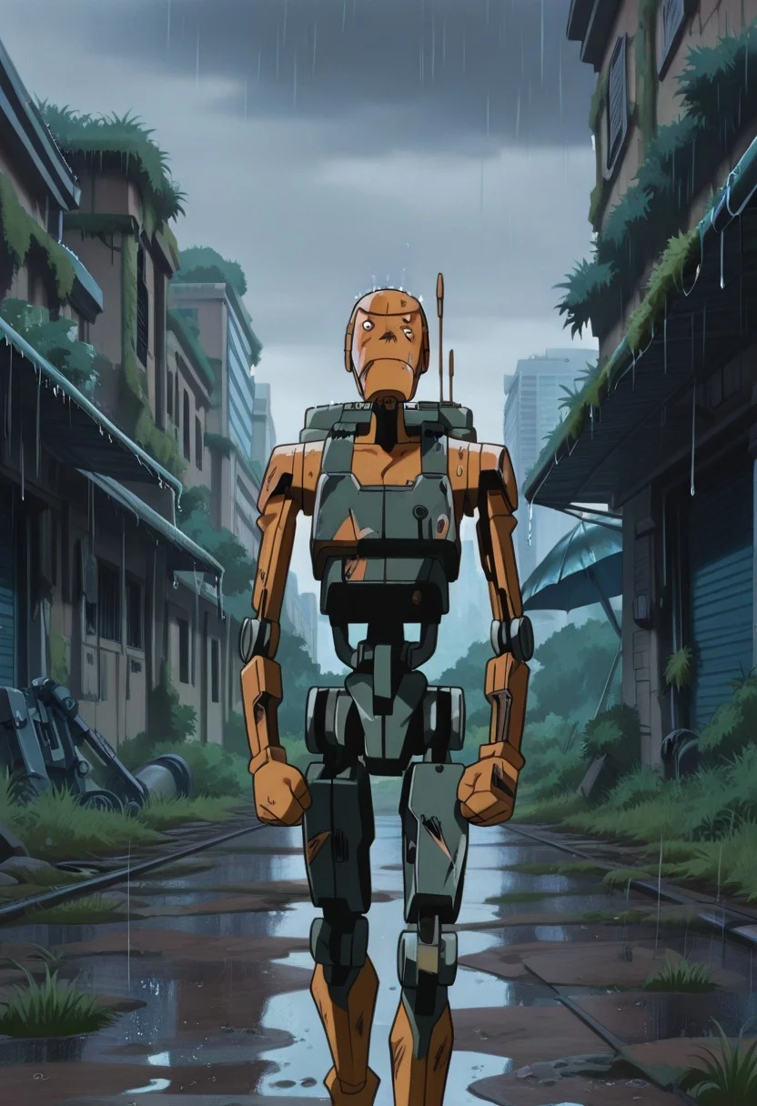 masterpiece, best quality, absurdres, gnsmth, anime screenshot, solo, battle damage, rusted, machine, rain, b1bd, cl4nker, outdoors, overgrown city