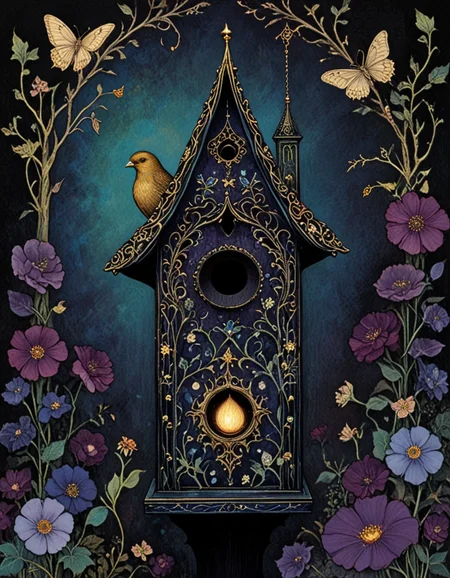 novuschroma style birdhouse with a bird and flowers art nouveau by harry clarke <lora:124_novuschromaSXL_a4:1>, <lora:sdxl_lightning_8step_lora:1>