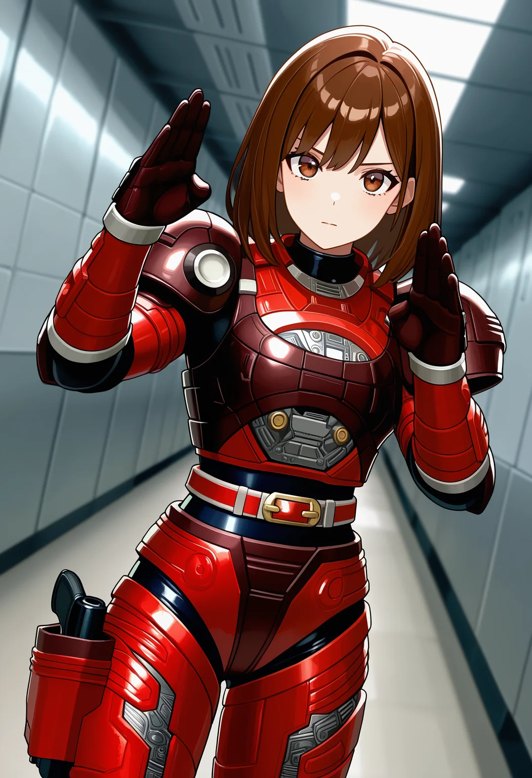 1girl, solo, R3ddle, armor, bodysuit, shoulder pad, gloves, belt, holster, brown hair, brown eyes, cowboy shot, dutch angle, looking at viewer, shiny clothes, fighting stance,
indoors, hallway, metal wall,
best quality, very aesthetic, masterpiece,