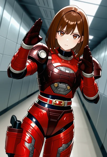 1girl, solo, R3ddle, armor, bodysuit, shoulder pad, gloves, belt, holster, brown hair, brown eyes, cowboy shot, dutch angle, looking at viewer, shiny clothes, fighting stance,
indoors, hallway, metal wall,
best quality, very aesthetic, masterpiece,