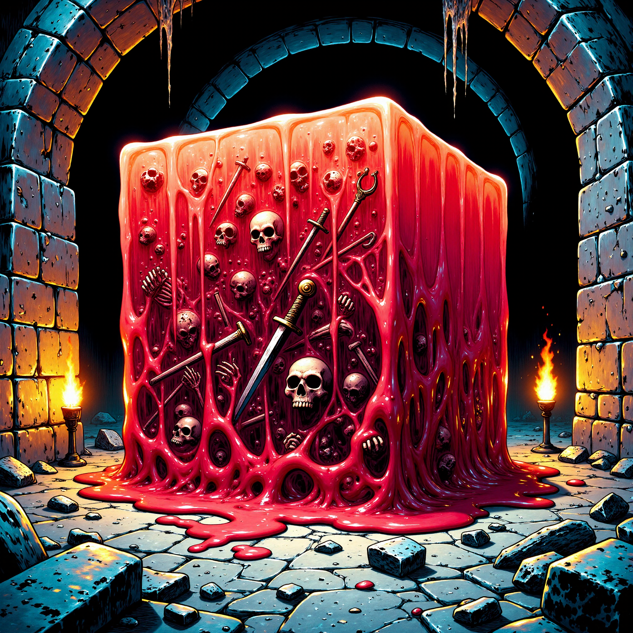 famous artwork, highly detailed pulp comic-style image of a crimson red gelatinous cube oozing through a dark, eerie dungeon, the cube has a thick, semi-translucent texture with an ominous crimson red hue, its surface is gooey, organic and uneven, capturing the classic, bold inking style of vintage comics, inside the cube, remnants of skeletons, weapons, and armor are suspended, partially dissolved and adding to its menacing appearance, the background is a shadowy, dungeon corridor with crumbling stone walls, flickering torches casting dramatic shadows, and cobwebs hanging from the ceiling, the scene is illustrated with vibrant colors, heavy shading, and thick, expressive lines, evoking the dramatic and suspenseful atmosphere of classic pulp comics, the overall tone is both adventurous and sinister, highly detailed background, <lora:gelatinous_cube-flux-by_oneviolentgentleman:0.8>