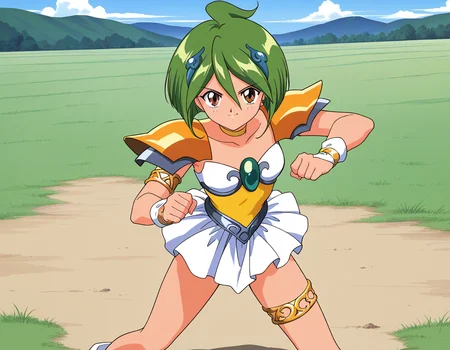 general,highres, ultra-detailed,very aesthetic,best quality ,best hands, BREAK <lora:Tamano_Hinagiku_IS:1> Tamano_Hinagiku, 1girl,solo, green hair, short hair, brown eyes, hair between eyes, 1990s (style),anime coloring,
solo, green eyes, smile, skirt, choker, looking at viewer, armor, armlet, jewelry, magical girl, thighlet, ahoge, outdoors, white skirt, shoulder armor, pauldrons, day, hair ornament, collarbone, shoulder pads, open parts,
serious face, fighting, punch,
grass, sky,