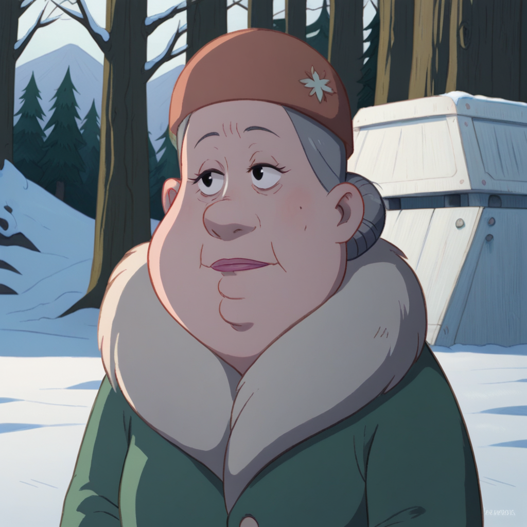 Ugly score_9_up, score_8_up, BREAK, solo, 1girl, MrsSanta, grey hair, black eyes, hat, green coat, fur trim, upper body, <lora:MrsSanta_SantaApprentice_PXL_Leaf4:1>, forest, snow,