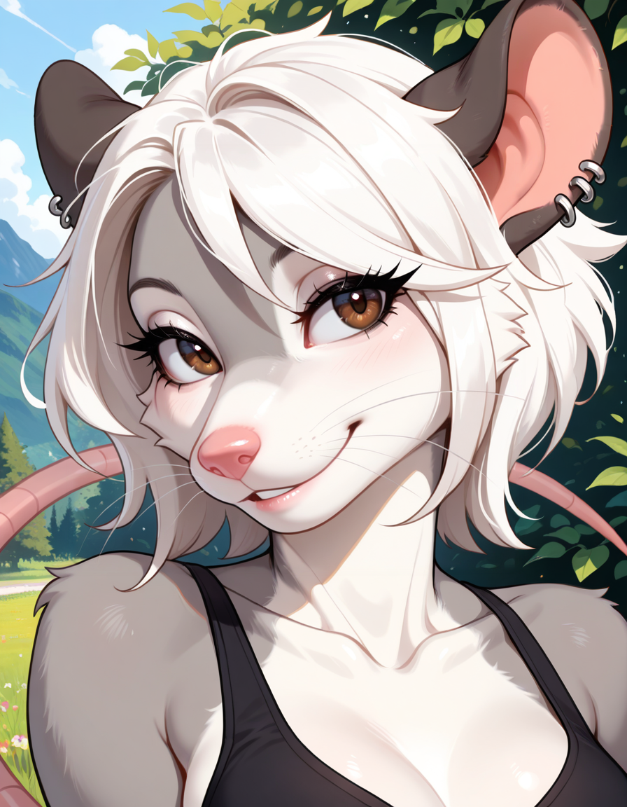 masterpiece, best quality, very aesthetic, absurdres,
outdoors,
headshot, face focus, happy, 
seductive smile, parted lips, long eyelashes,
<lora:Kayla_v01_NAIXL:1>
Kayla,1girl,solo,furry,furry female, animal ears, earrings, short hair, white hair, brown eyes, snout, animal nose, body fur, grey fur, mouse tail,
