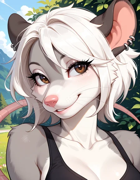 masterpiece, best quality, very aesthetic, absurdres,
outdoors,
headshot, face focus, happy,
seductive smile, parted lips, long eyelashes,
<lora:Kayla_v01_NAIXL:1>
Kayla,1girl,solo,furry,furry female, animal ears, earrings, short hair, white hair, brown eyes, snout, animal nose, body fur, grey fur, mouse tail,