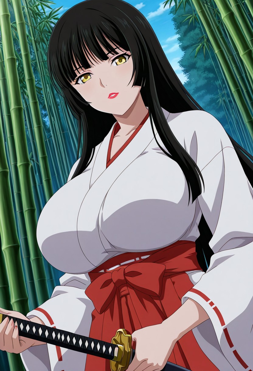 general,highres, ultra-detailed,very aesthetic,best quality ,best hands,best eyes,easynegative,
dynamic anglre, dutch angle, anime cloring,anime screencap,
1girl solo,looking at viewer,bamboo forest,holding katana,
Biwa Hanamaru,black hair,long hair,yellow eyes,lipstick,huge breasts,open chest miko costume,