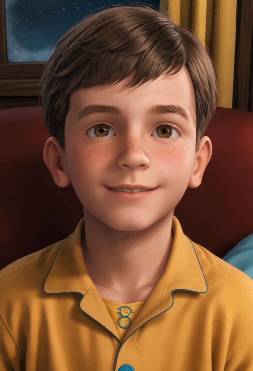 1boy, cute boy, solo, Hero_Boy, Brown Hair, Hazel Eyes, Yellow Pajama shirt , Yellow Pajama Pants, Expressiveh, cute smile, freckles