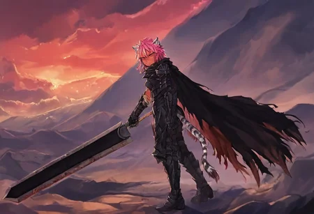masterpiece, very aesthetic, anime screenshot, 1girl, Pink_PonyXL, DragonSlayerSword-Il.V1.0, black armor, shoulder armor, gauntlets, greaves, bandaged arm, black cape, torn cape, bright pink hair, cat ears, scar on nose, one eye closed, cat bell around neck, tanned, white tiger tail, small breasts, scowling, standing, looking at viewer, side view, wielding-dragonslayer, huge weapon, sword, holding sword, holding weapon, full body, zoomed in on pink_ponyxl
Break
City of hyrule on fire, at night