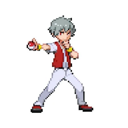 1boy,
grey hair, red eyes, short hair, hand on chin, red vest, white shirt, wristbands,
outstretched arm, holding poke ball, legs apart