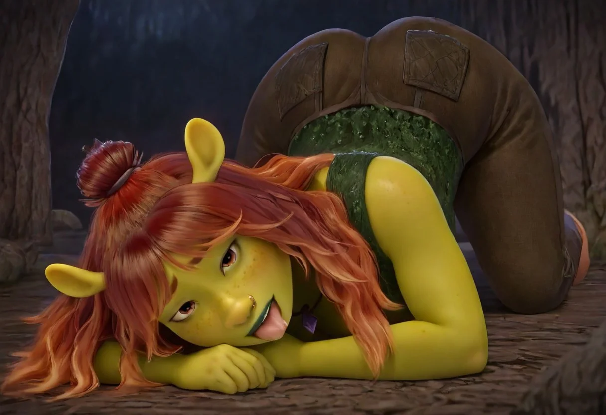 felicia_shrk5, 1girl, female ogre, green skin, red hair (long hair, single hair bun), shrek ears, amber eyes, nose piercing, freckles, green lipstick, buckteeth, purple crystal necklace, dark green sleeveless top (moss), pocket belt, short brown pants, chubby, plump,
score_9_up, score_8_up, score_7_up, BREAK, 1girl, solo, from below, head tilt, horny, crawling toward viewer, c-jacko, top-down bottom-up, from behind, feet,, tongue out, looking at viewer, ultra detailed, detailed background, swamp, masterpiece, best quality, 8k, Expressiveh, realistic, 3d, full shot, easynegative, heavy bottom,
