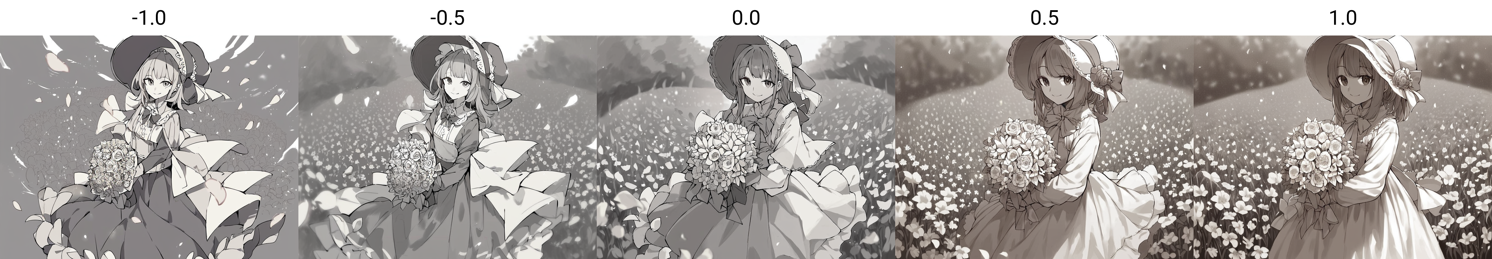 score_9, score_8_up, score_7_up, score_6_up, score_5_up, score_4_up, rating_safe, source_anime, 1girl, solo, long_hair, looking_at_viewer, smile, bangs, skirt, shirt, long_sleeves, hat, dress, bow, holding, closed_mouth, flower, frills, hair_flower, petals, bouquet, holding_flower, center_frills, bonnet, holding_bouquet, flower field, flower field, lineart, monochrome<lora:Pony_DetailV2.0:-1.0>