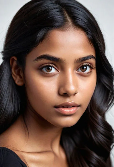 portrait, 20 year old dark skinned Indian woman, large round eyes, downturned eyes, triangular face, high cheekbones, long braided black hair, high cheekbones. delicate cleft chin