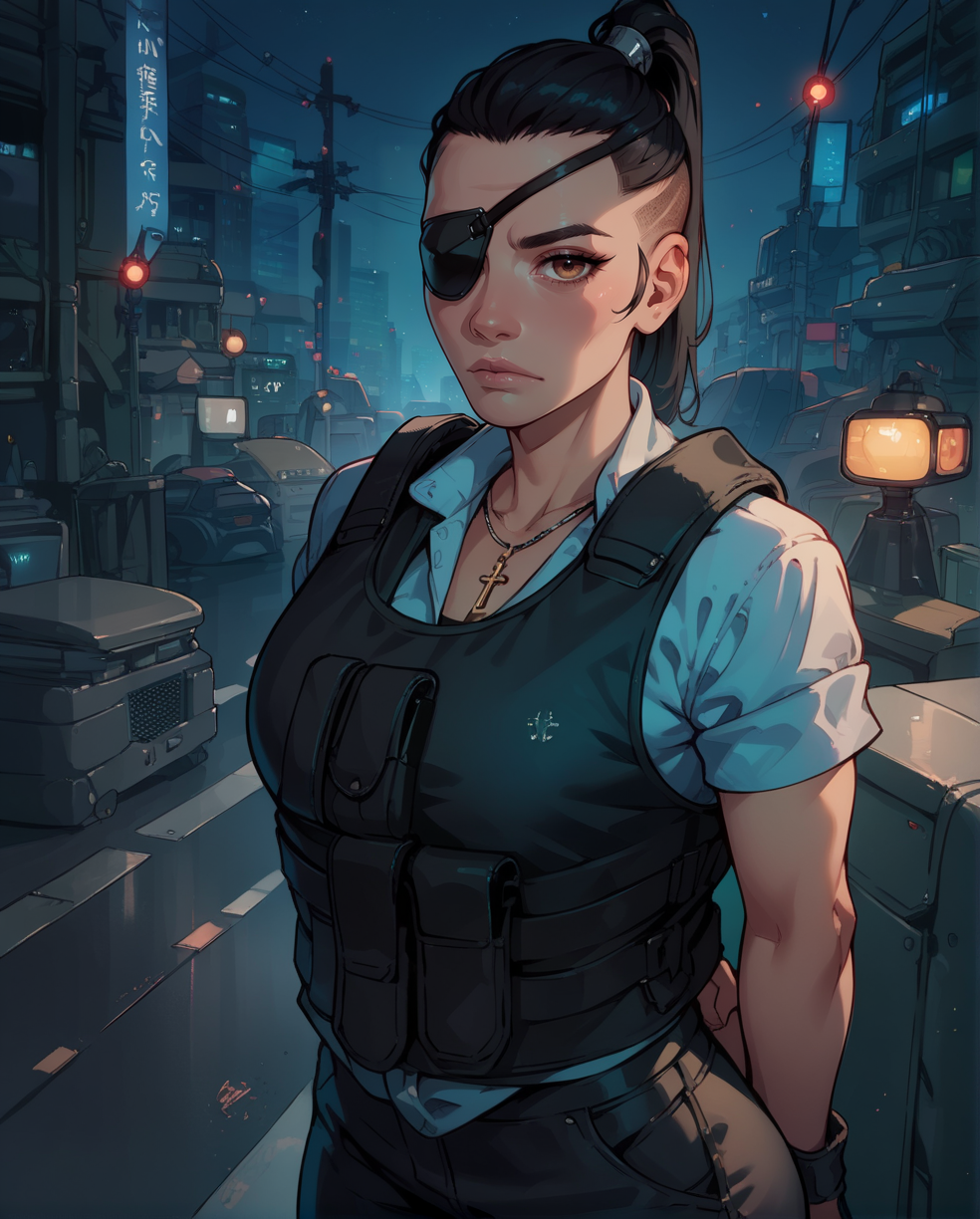 score_9,score_8_up,score_7_up,
Regina,brown eyes,black eyepatch on right eye,black hair,ponytail,undercut,
shirt,vest,cross necklace,looking at viewer,fingerless gloves,black pants,
night,police office,science fiction,standing,arms behind back,
looking at viewer,<lora:ReginaJonesCP2077-XL11:0.8>,solo,