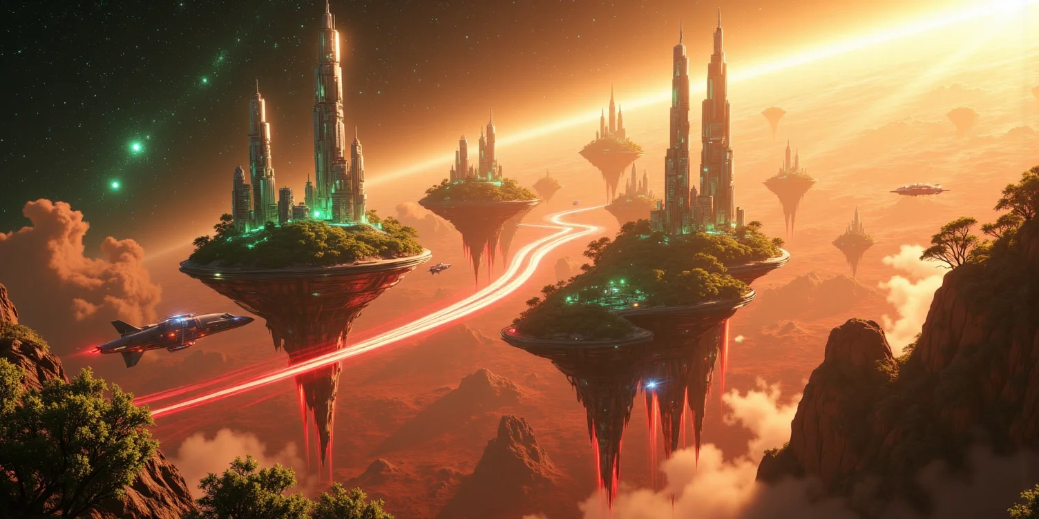 Suspended in the vast expanse of space, a mesmerizing chain of islands drifts serenely in orbit around the red planet, Mars. Each island hovers at a different altitude, their surfaces adorned with lush, emerald foliage that flourishes beneath the glimmering force fields enveloping them like protective shields. The shimmering barriers ripple like liquid light, refracting the harsh glow of distant stars and painting the sky with an ethereal iridescence.
Expansive land bridges connect these celestial wonders, their structures crafted from advanced alloys that gleam under the golden radiance of a nearby sun. Towering skyscrapers, sleek and futuristic, rise like monolithic sentinels from the dense greenery, their crystalline facades pulsing with streams of neon energy. Some seem to touch the heavens, their uppermost floors disappearing into the wisps of cosmic mist that swirl around them.
Above and below, sleek shuttles weave through the intricate pathways of this orbital oasis, descending gracefully toward the Martian surface in choreographed arcs of propulsion and light. Each craft leaves behind a faint, luminescent trail as it navigates through the shimmering force fields, vanishing into the crimson haze that blankets the planet below. The scene is a breathtaking fusion of sci-fi wonder and mystical grandeur, rendered in stunning 8K detail with the magic of Unreal Engine, Octane Render, and the unparalleled realism of ray tracing. It is a vision of a world where technology and fantasy entwine, suspended in the cosmos like an artistâs dream brought to life. <lora:Flux_Detailer_v3:0.8> Jeddtlv3 <lora:Test:0.8> n1t3_du5t